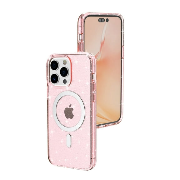 Allytech Magnetic Case for iPhone 14 Pro Glitter Clear for Women Girls, [Anti-Yellowing] Sparkle Bling Girly Cute Phone Case Compatible with MagSafe, Soft TPU Slim Thin Cover, Pink