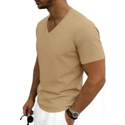 Premium V Neck T Shirts for Men - Modern Fitted Tees Vneck Shirts Khaki 3XL