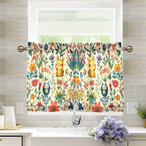 Yayeee Kitchen Curtains Light Filtering 27"x24" Rod Pocket Short Cafe Window Panel, Floral Animals