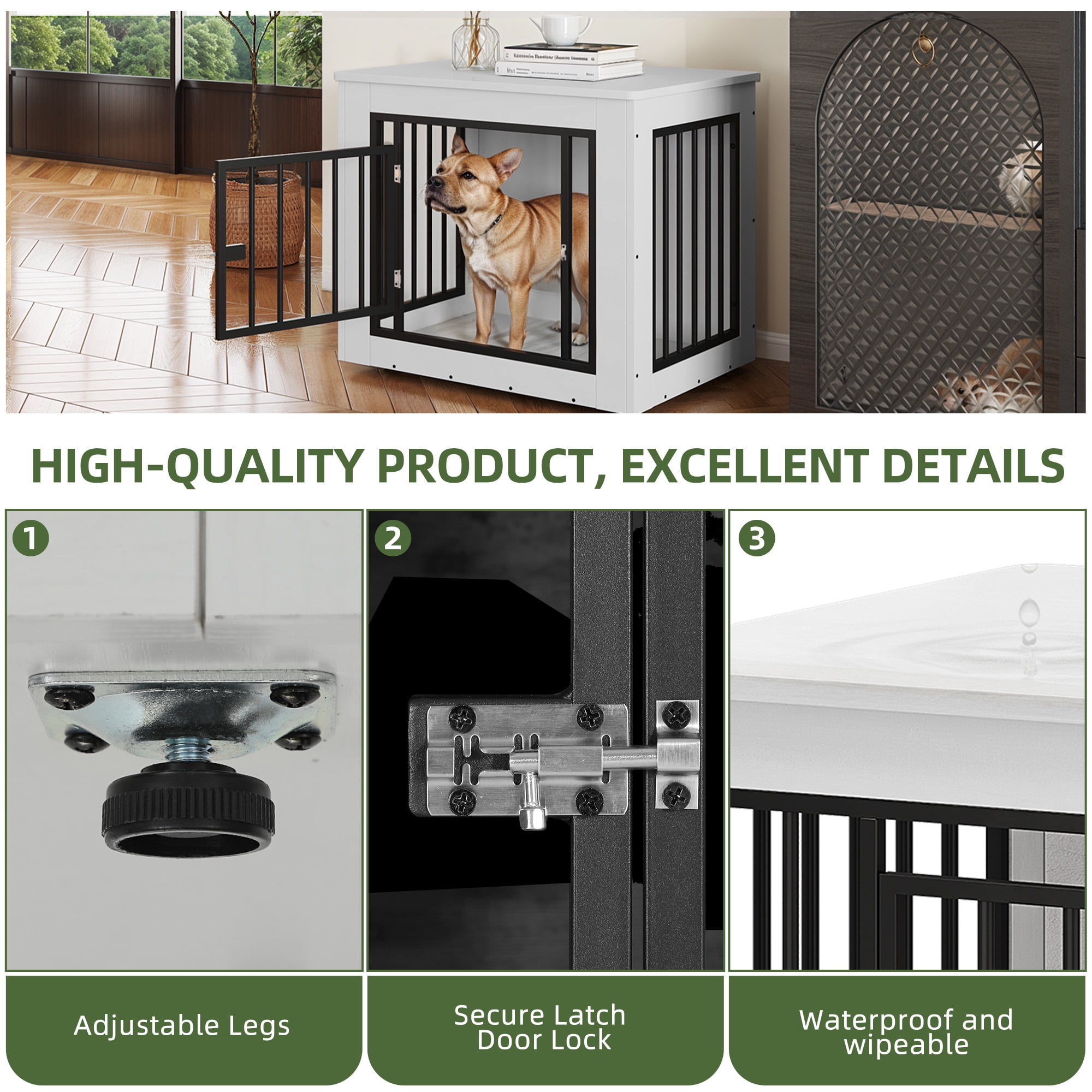 Uforic 30.1" Dog Crate Furniture, 2-in-1 Iron-Wood Indoor Dog Cage with Lockable Door, Safety Corners, and Waterproof Top, White