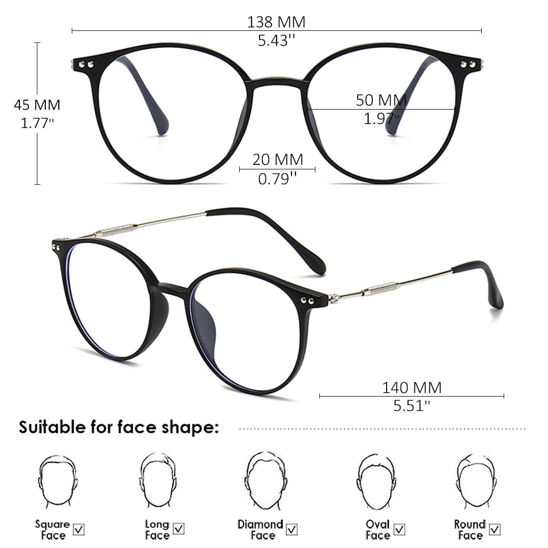 KOOSUFA Stylish Round Reading Glasses Blue Light Blocking +2.00 Women Men Eyeglasses Readers Eyewear Matte black
