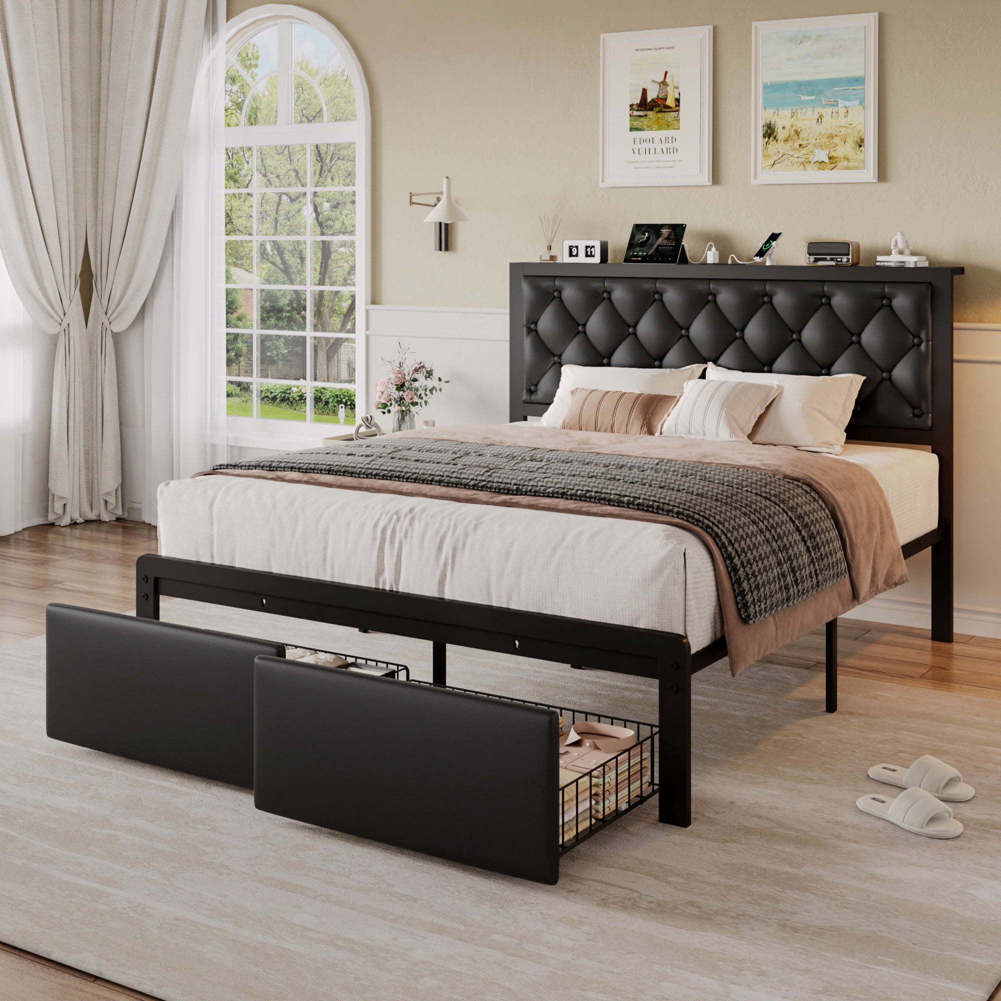 Bolvdo Bed Frame with Leather Upholstered Headboard, Lockable Storage, Queen Size, Black