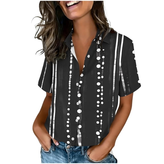 Tnhcen Women's Casual Loose Fit Short Sleeve Button Up Shirt with Random Color Block Print, Retro Boho Style Collared Top in Sizes S-2XL