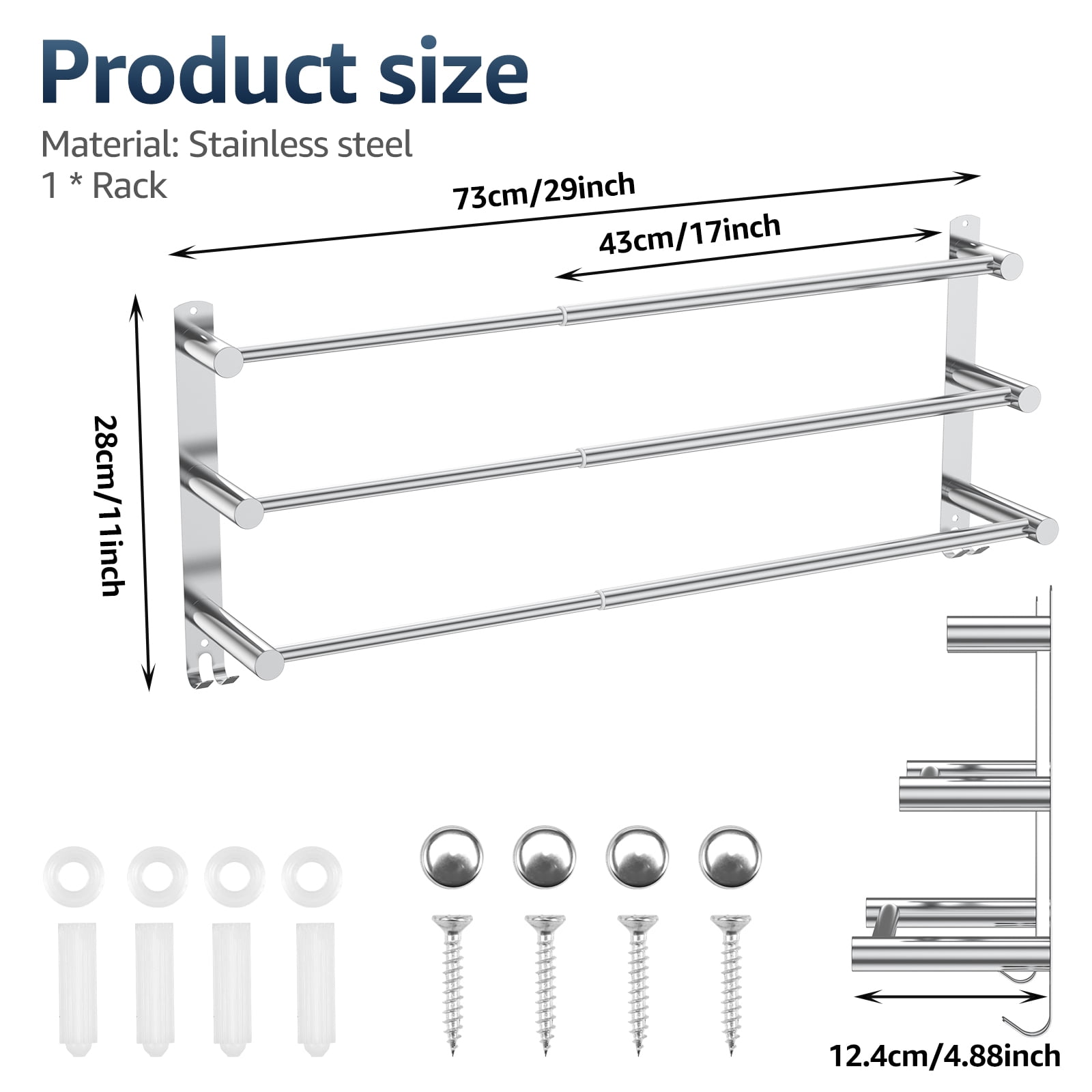 FKSZLL Towel Bars Hanger Stainless Steel Towel Rack, Three Tier Wall Mount Towel Holder, No Punch, Adjustable 17-29 inch with Hooks for Bathrooms and Kitchens