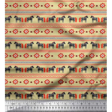 Soimoi Beige Cotton Cambric Fabric Stripe & Horse Folk Art Print Sewing Fabric Yard 56 Inch Wide
