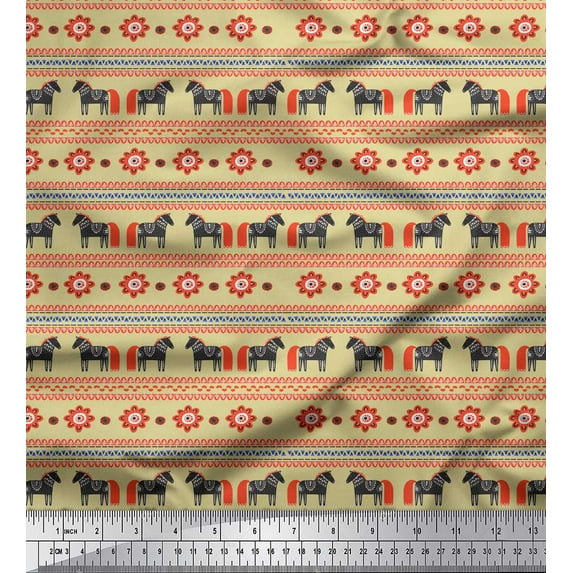 Soimoi Beige polyester Crepe Fabric Stripe & Horse Folk Art Fabric Prints By Yard 42 Inch Wide