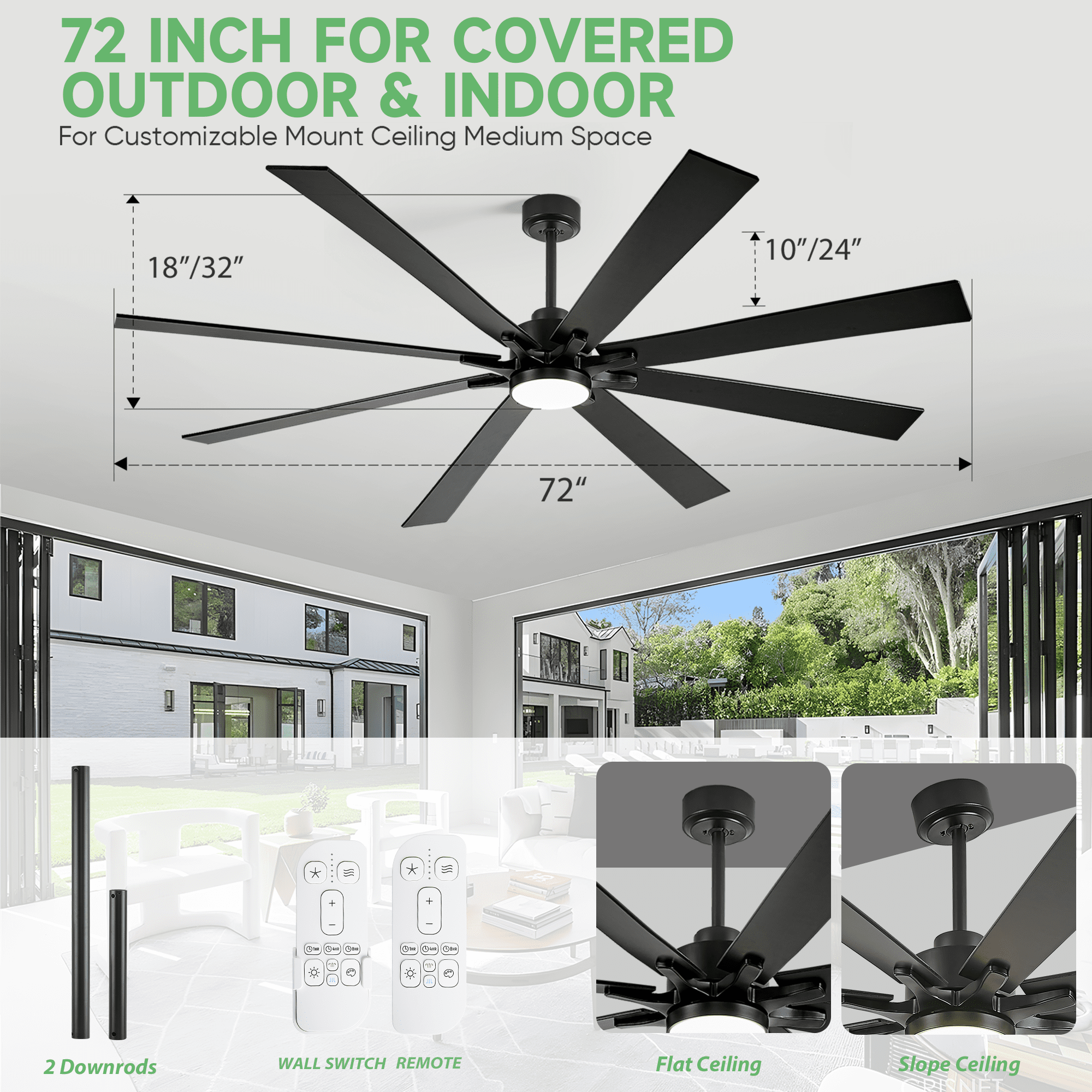 72 Inch Outdoor Ceiling Fans for Patios with Light, Modern Black Industrial Large Ceiling Fan, 8 Reversible Blades, Dimmable 5CCT, Noiseless DC Motor