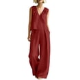 thumbnail image 2 of Mifsaly Two Piece Linen Sets for Women Sleeveless Pleated V Neck Top and Flowy Long Pants with Pockets Dressy Casual Summer Travel Vacation Outfits Wine,S, 2 of 8
