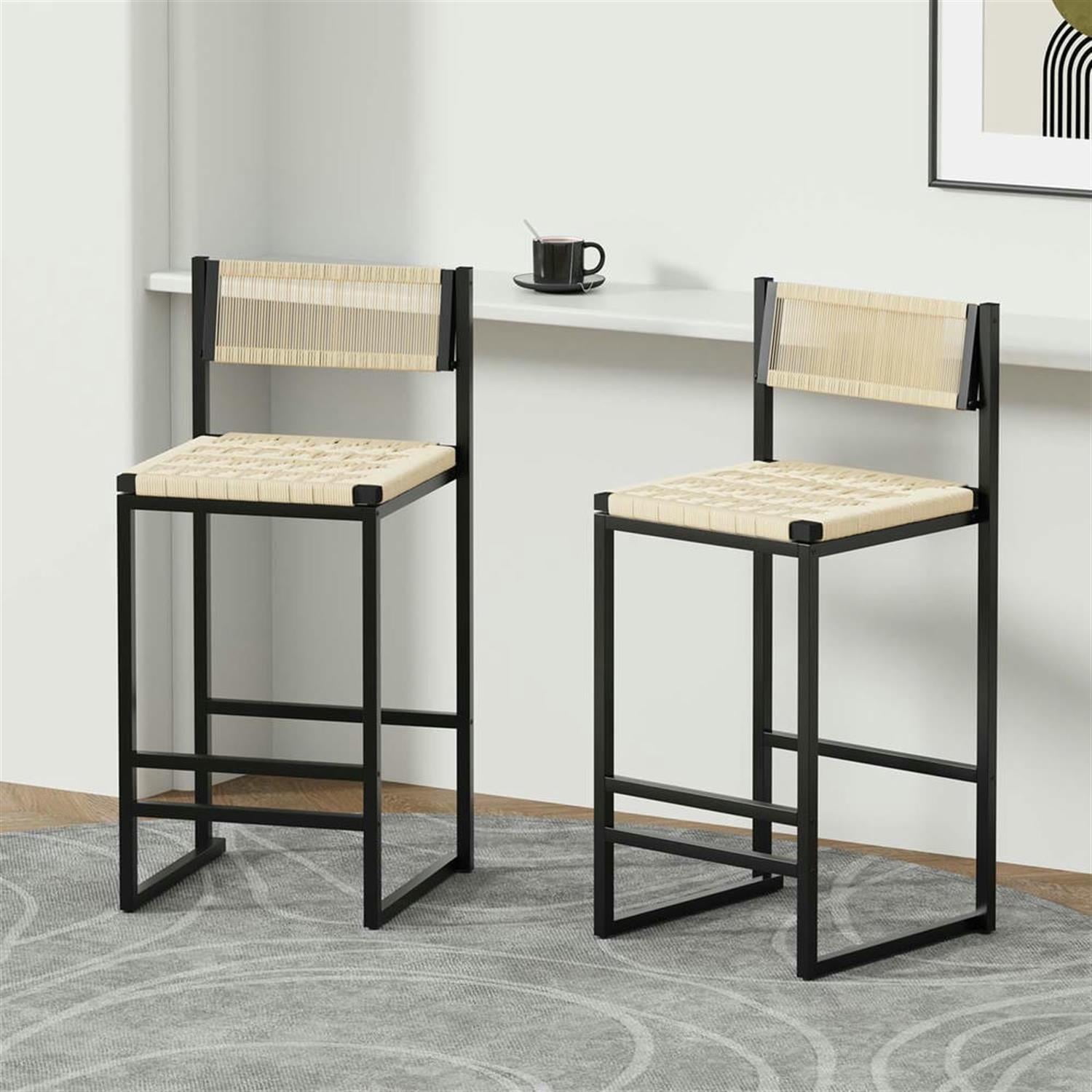 Demi Bonn 34" Counter Height Bar Stools Set of 2, Paper Rope Weave Barstools with Back, Armless Kitchen Island Countertop Chairs for Dining Room, White