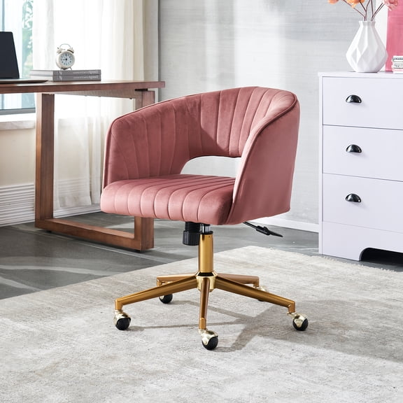 Home Office Chair Swivel Velvet Desk Chair Accent Armchair Upholstered Modern Tufted Chairs with Gold Base for Girls Women Ergonomic Study Seat Computer Task Stools for Living Room（Rose）