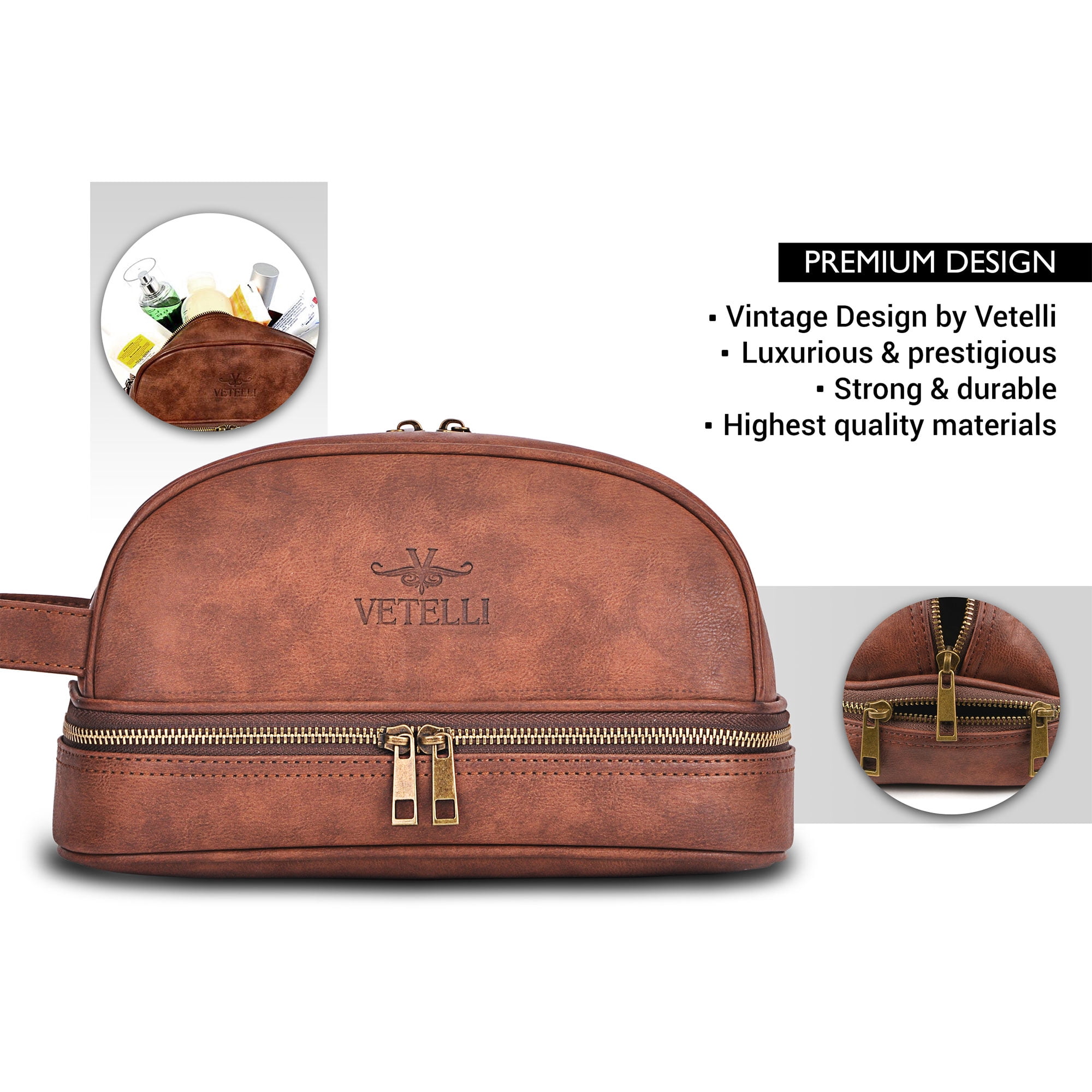 Vetell Classic Leather Travel Toiletry Bag and Dopp Kit with 2 Compartments