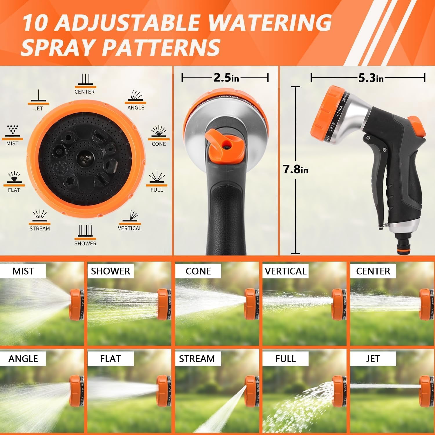2 Pack Garden Hose Nozzle: High Pressure Water Hose Sprayer with 10 & 2 Spray Patterns - Lightweight & Rust-Proof Handheld Spray Gun (Black)