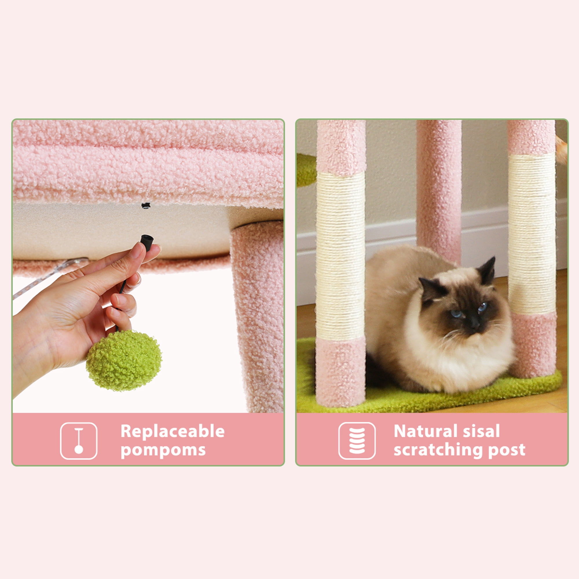 Pefilos 59" Multi-Level Cat Tree House with Large Hammock, Scratching Post, 2 Perches, Cat Tower with 3 Removable Pompom Sticks, Cat Condo, Pink Pefilos 59" Multi-Level Cat Tree House with Large Hammock, Scratching Post, 2 Perches, Cat Tower with 3 Removable Pompom Sticks, Cat Condo, Pink