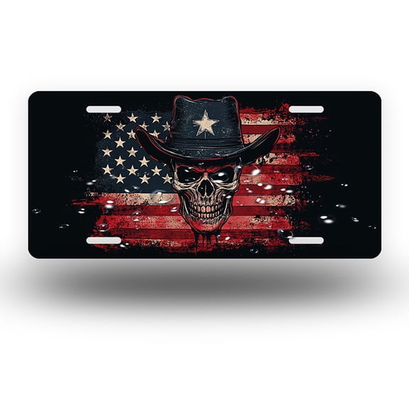 Skull in the flag Front License Plate, Metal License Plate, Funny Standard Plates Personalized Novelty Decorative For Men/Women/Boys/Girls Car 6×12 Inch