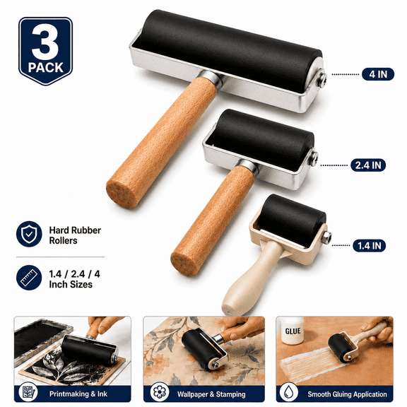 Ustris 3 Pack Rubber Brayer Roller, 1.4 /2.4 / 4 Inch Hard Rubber Brayer Rollers,Art Craft Roller for Printmaking,Ink,Wallpapers Stamping Gluing