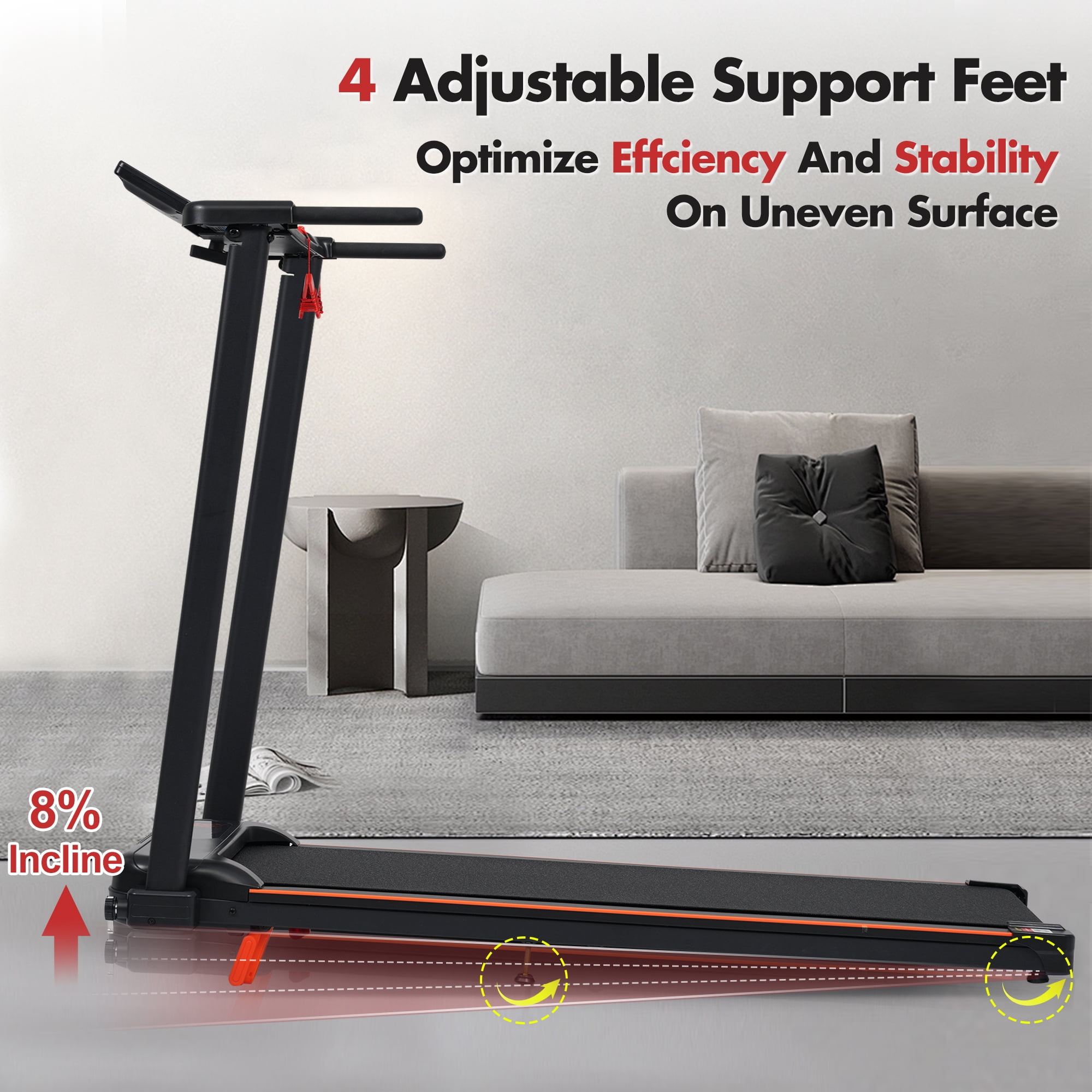 Euroco Portable Folding Treadmill with 8% Incline, 3.0 HP Foldable Treadmill with LED Display,4 Adjustable Support Feet & Cup Holders,265 Lbs Quiet Walking Pad for Home and Office Exercise