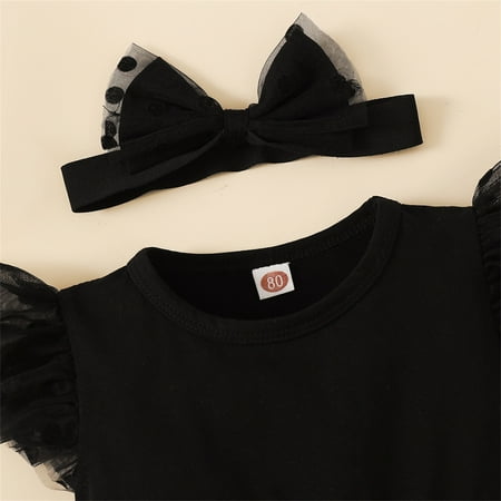 

nsendm Baby Girls Ruffled Sleeve Polka Dot Patchwork Tulle Romper Bodysuit With Crop Top And Sweatpants Childrenscostume Black 12-18 Months