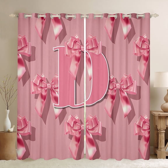 Castle Fairy Ribbon Bow Knot Personalized Initial D Black Out Curtains for Preppy Child Teens,Cute Pink Bow-Tie Curtains Pack of 2 (42x63 Each),Princess Bow Alphabet Bedroom Curtains Room Decor
