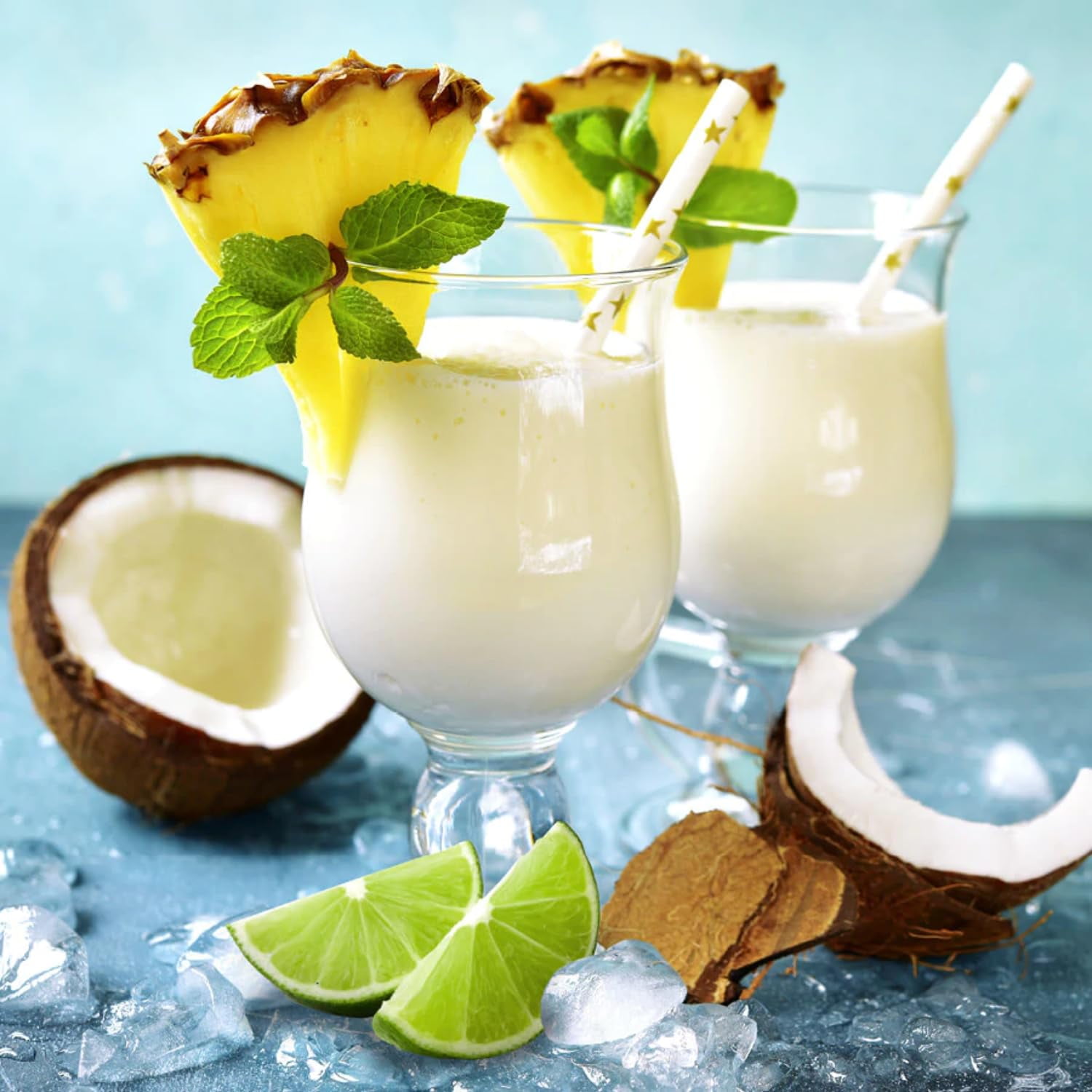 Island Oasis Pina Colada Fruit Puree Beverage Mix, 1 Liter Carton (pack of 2) with By The Cup Coasters