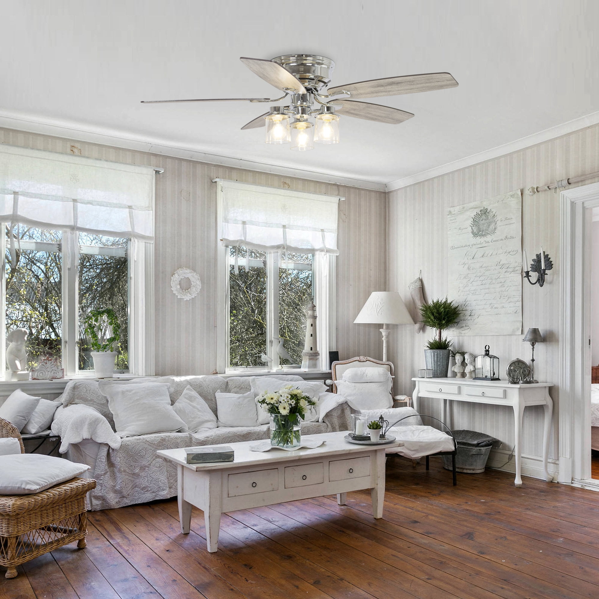 52" Modern Glass Shade Flush Mount Ceiling Fan with Remote and Light, Chrome Low Profile Chandelier Ceiling Fan