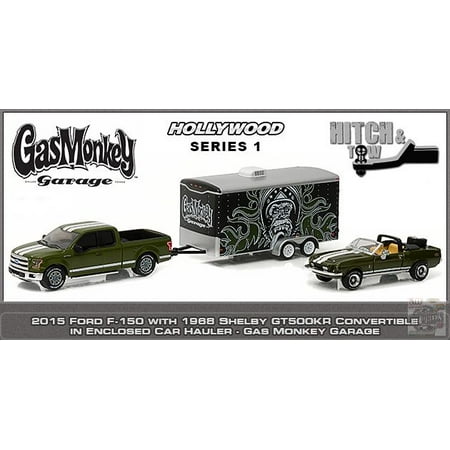 GREENLIGHT 1:64 HOLLYWOOD HITCH & TOW - GAS MONKEY GARAGE - 1968 SHELBY GT500KR, 2015 FORD F-150 & ENCLOSED CAR (Best Enclosed Car Hauler For The Money)