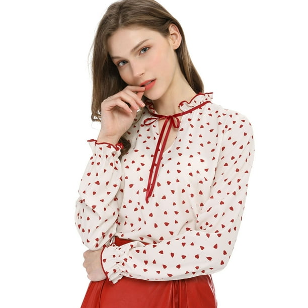 INSPIRE CHIC Blusa con cuello con volantes y lazo para mujer, blusa de manga larga con campana vintage Corazones rojos beige M