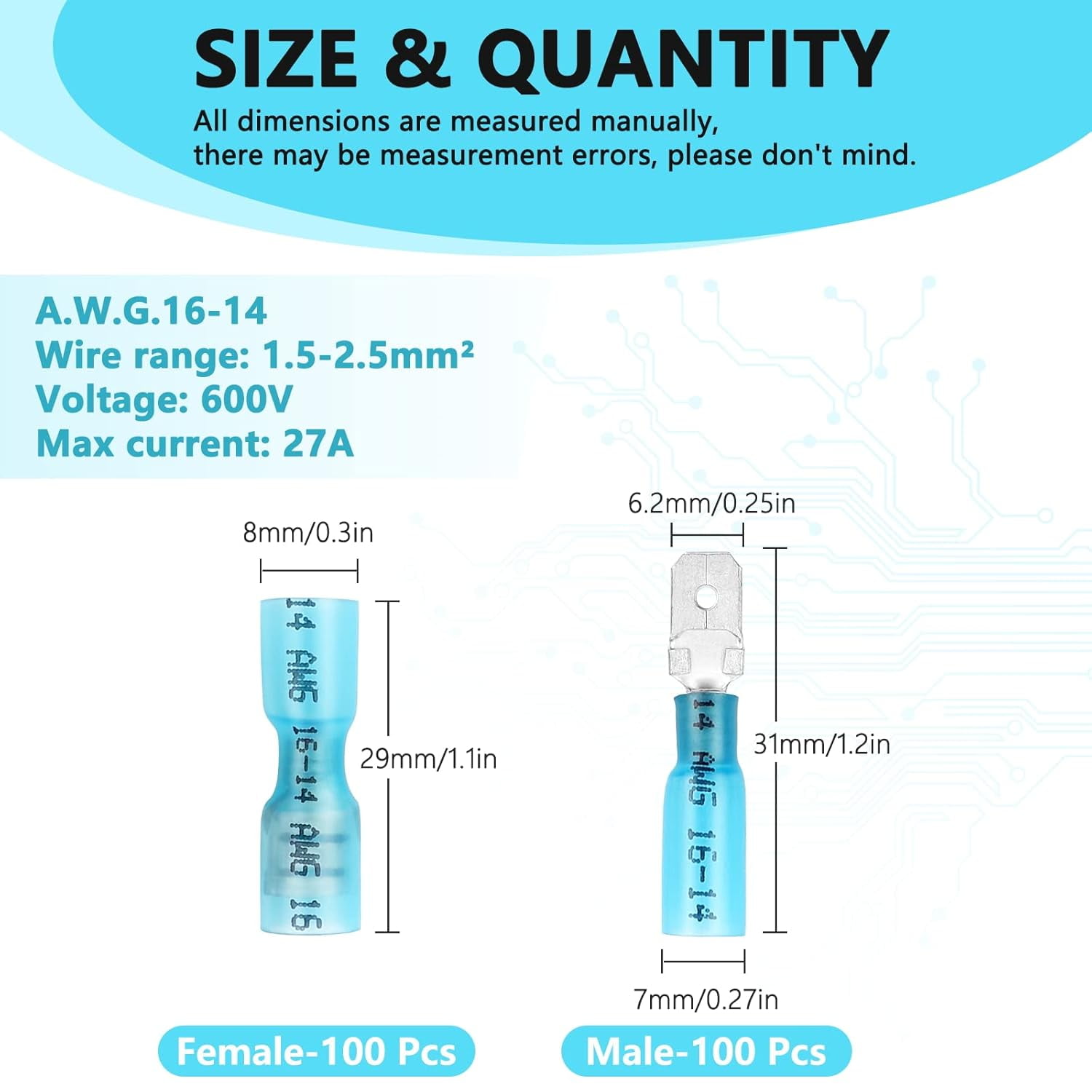 200 blue heat-shrink knife-shaped terminals, male and female knife-shaped terminals, heat-shrink knife-shaped terminals (16-14 AWG)