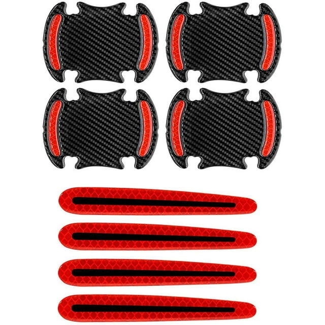 8PCS 3D Carbon Fiber Texture Car Door Handle Reflective Stickers,Auto Door Handle Anti-Scratch Protective Film Car Outdoor Safety Reflective Strips (Red)