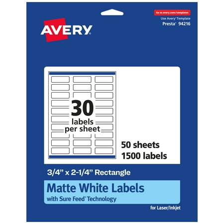 UPC: 0194793907001 | Avery Matte White Rectangle Labels with Sure Feed  3/4  x 2-1/4   1 500 White Labels  Print-to-the-Edge  Permanent Label Adhesive  Laser/Inkjet Printable Labels