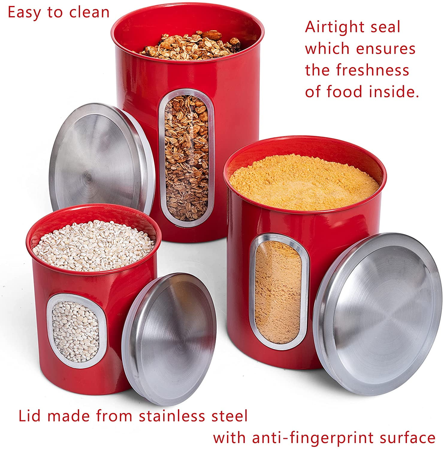 Mixpresso 3 Piece Red Canisters Sets For The Kitchen, Kitchen Jars With See Through Window, Airtight Coffee Container Tea Organizer & Sugar Canister, Kitchen Canisters Set of 3 Red Kitchen Decor.