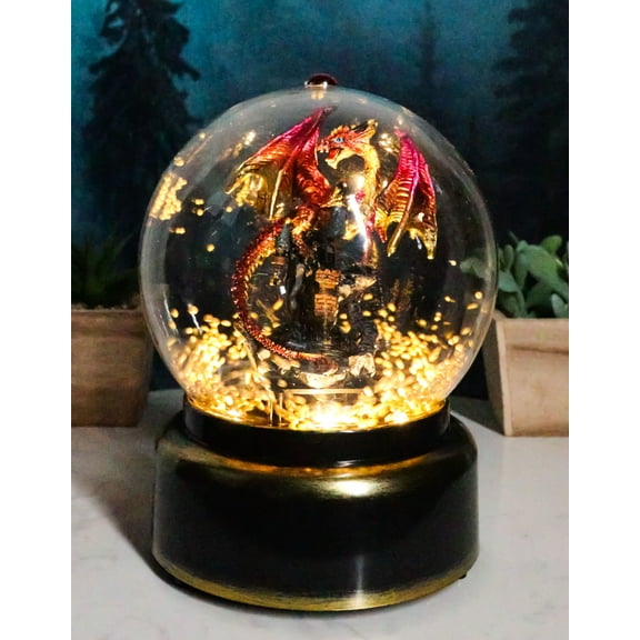 Red Dragon On Rocky Mountain Castle Musical LED Light Air Powered Glitter Globe