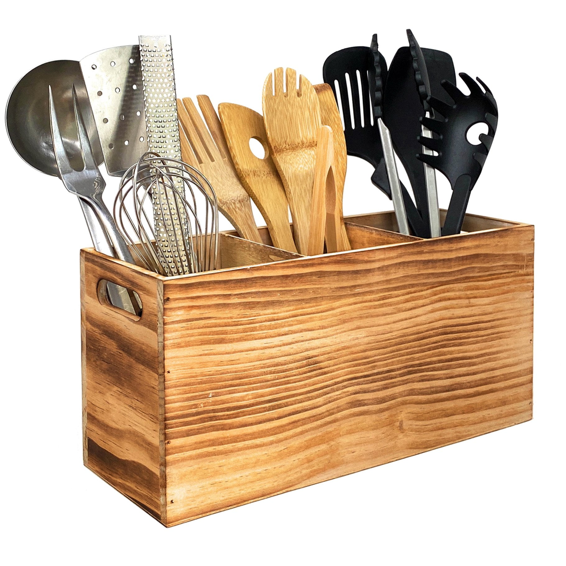 Storage Crock Kitchen Countertop Silverware and Flatware Organizer with 4 Compartments Cooking Utensil Holder MyGift Rustic Torched Wood Square Utensil Caddy