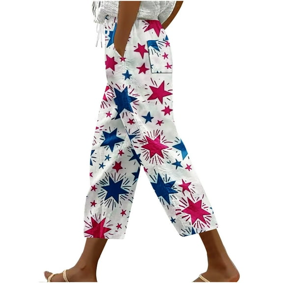 Independence Day Harem Pants Women Lounge Pants Mid Waist Capri Pant Loose Fit Trousers Drawstrings Slacks Comfy Lightweight Bottoms Straight Leg Pant with Pockets 4th of July Gift