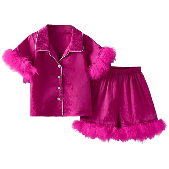 WhouRiu Toddler Girls Pajamas Fur Trim Short Sleeve Shirt Shorts Children Satin Silk Sleepwear Outfit Set Red.Sizes 3-4