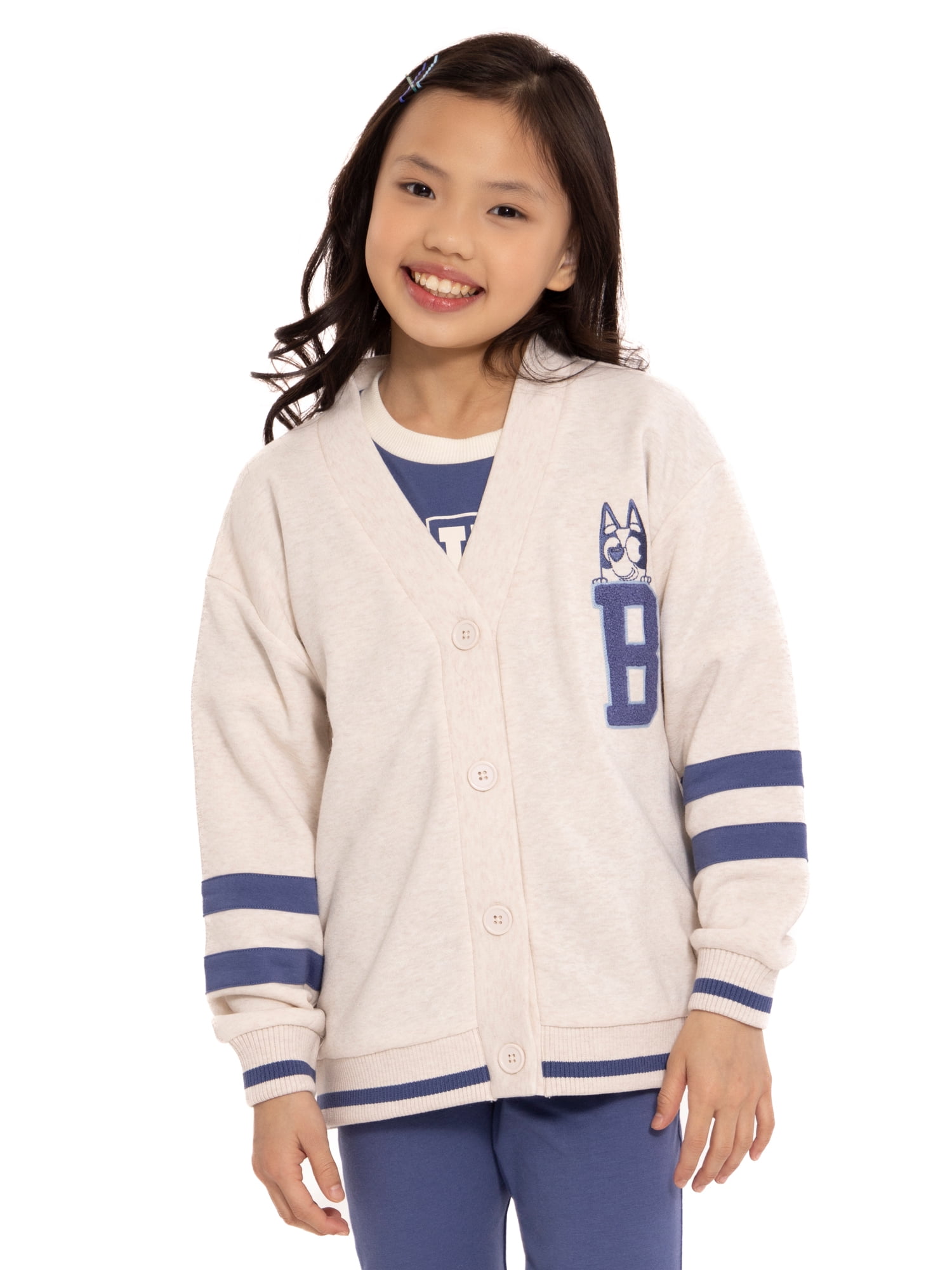 Bluey Girls Varsity Cardigan Sweater with Long Sleeves, Sizes 4-16