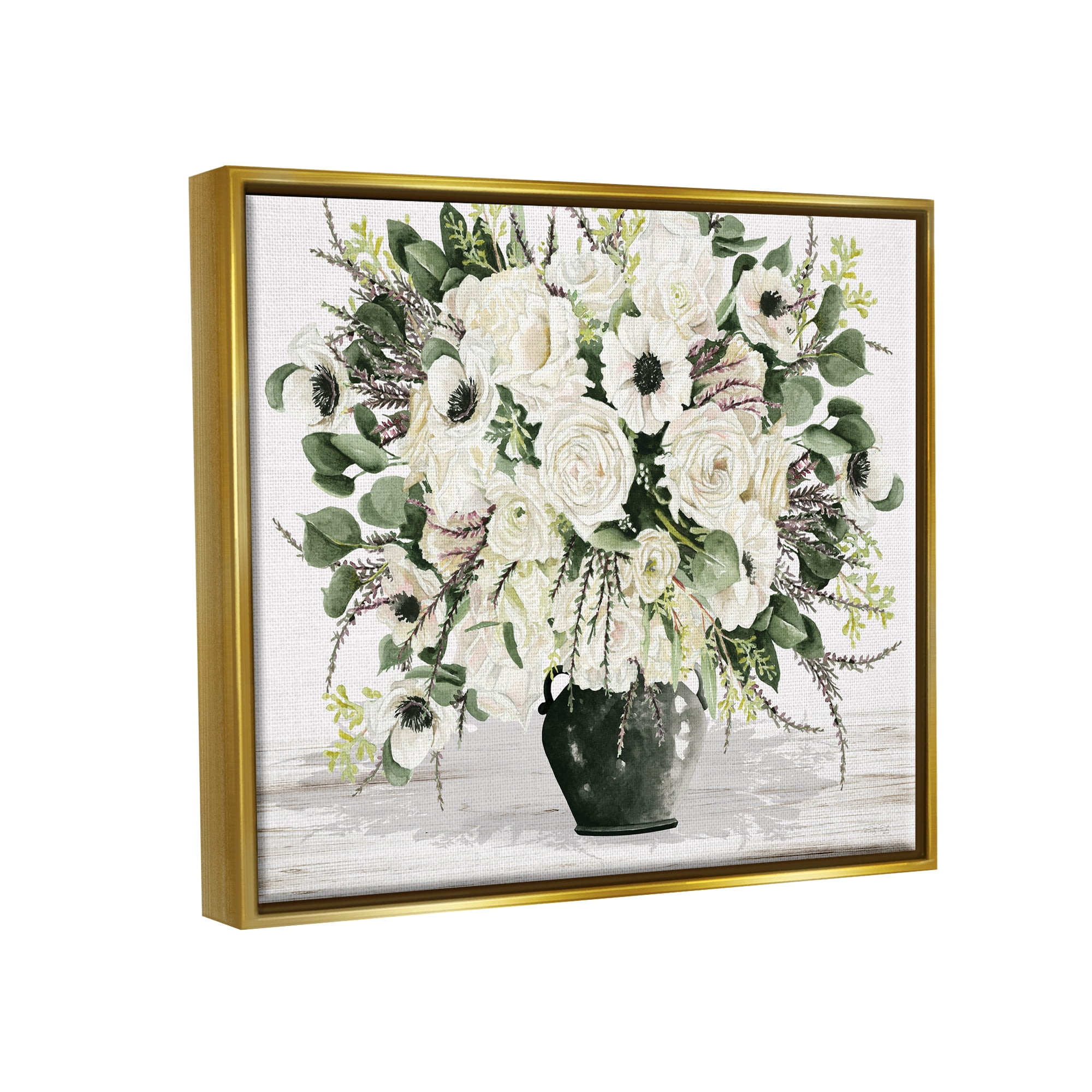 Stupell Industries White Blooming Blossoms Botanical & Floral Painting Gold Floater Framed Canvas Art Print Wall Art, 31 x 25