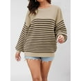 thumbnail image 5 of Women'S Striped Colorblock Knitted Sweater Long Sleeve Round Neck Fashion Oversized Sweater Coffee Color XL, 5 of 7