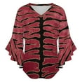 thumbnail image 5 of Red Tiger Stripe Velvet Fabric Women's V-Neck Blouse With 3/4 Ruffled Bell Sleeves Casual Top Ladies Blouses, 5 of 7