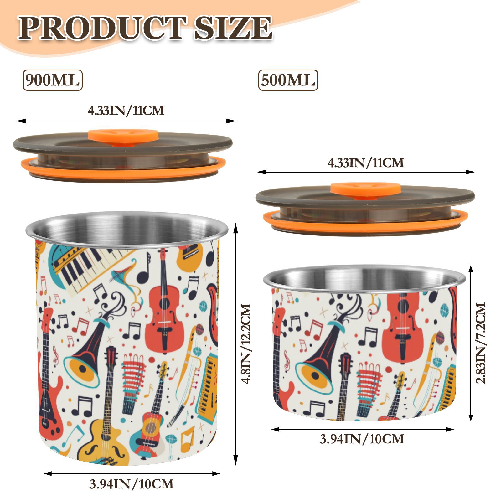 Music Note Musical Instrument Airtight Coffee Bean Canister 30oz Food Storage Containers with Lids For Gournd, Tea, Sugar, Flour, Rice, Cereal, Candy Cookie Jar