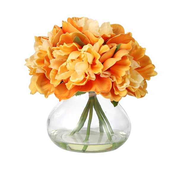 Artificial Peony Flowers with Glass Vase Realistic Silk Faux Floral Arrangement, Lifelike Centerpiece for Table Shelf Bathroom Home Wedding Decor Orange