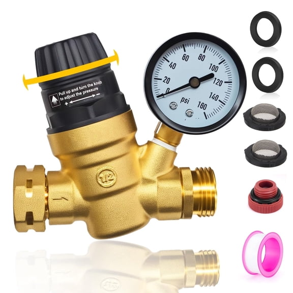 RV Water Pressure Regulator Valve, 3/4" Brass Lead-Free Adjustable Water Pressure Reducer with Gauge and Inlet Screen Filter for RV Camper Travel Trailer