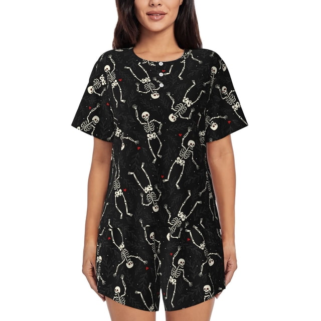 Fotbe Happy Skeletons Dancing Conjunto de Pijama Estampado para Mujer, 2 Piezas, Ropa de Dormir con Camiseta de Manga Corta y Shorts Suaves-Large