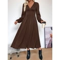 thumbnail image 6 of Pleated Satin Bridesmaid Dress V-Neck Long Sleeve Maxi Dresses for Women Brown L, 6 of 8