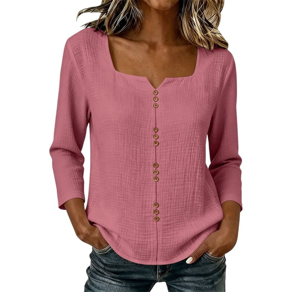 CLOISE Womens 3/4 Sleeve Tops Plus Size Shirts Loose Solid Color V Neck Pullover Cotton Blend Casual Fall Clothes Pink M