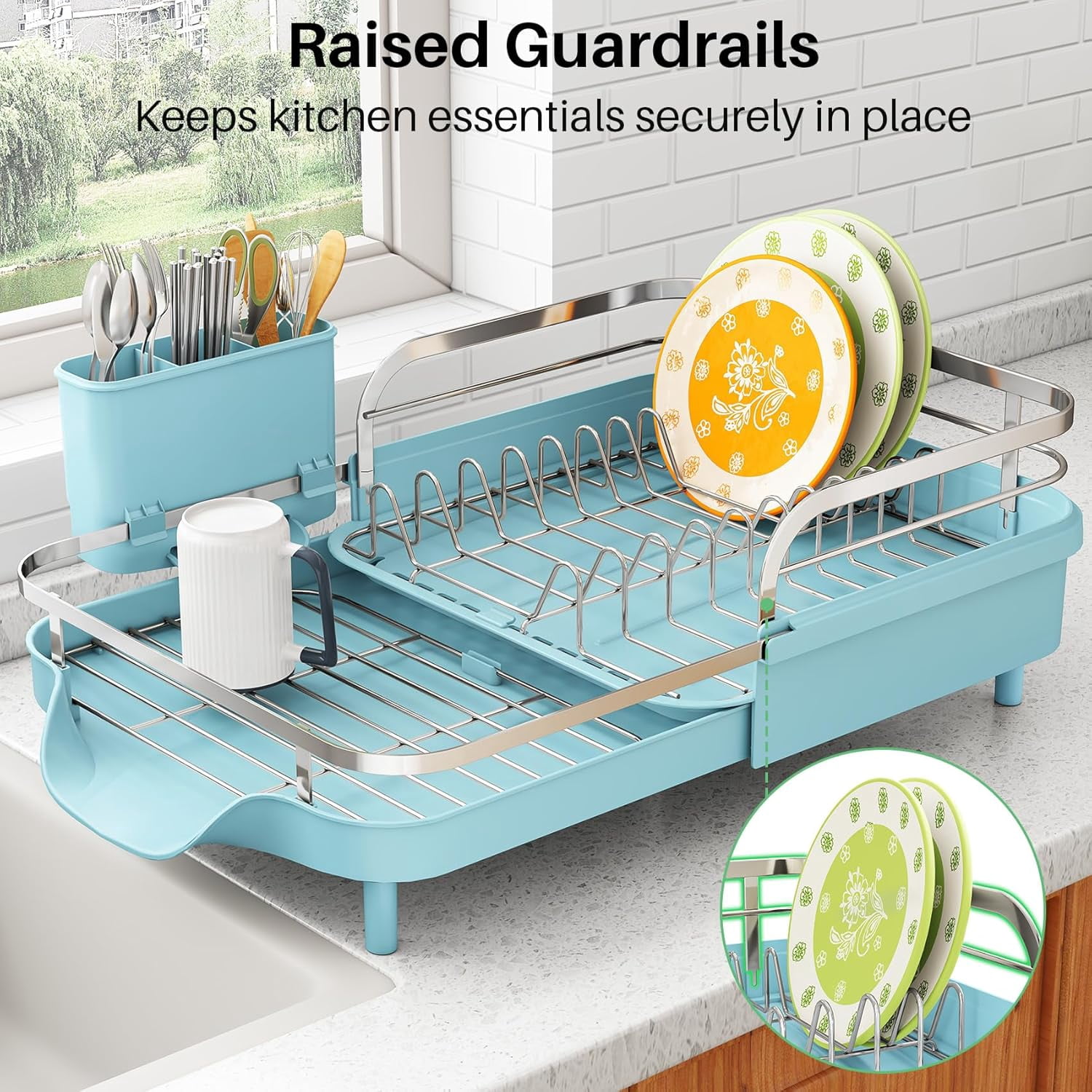 Dish Drying Rack - Expandable Dish Rack for Kitchen Counter, Rust-Resistant Dish Drainer with Utensil Holder and Raised Guardrail, Kitchen Organizer for Cup and Bottle (Blue)