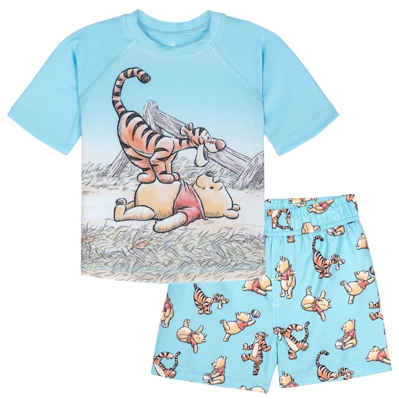 Disney Winnie the Pooh Baby Boys' Swimwear 2-Piece Rash Guard and Swim Trunks Set Soft Blue Tigger