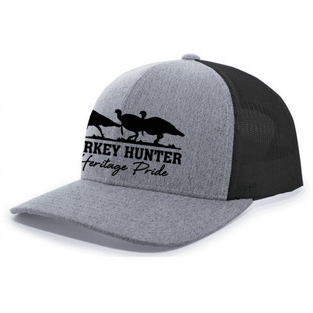 Heritage Pride Turkey Hunter Featuring Three Ocellated Turkeys Mens Embroidered Mesh Back Trucker Hat Heather Grey/Black