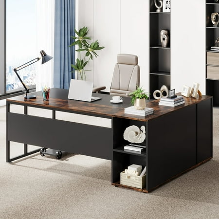 Tribesigns 71 inch L Shaped Executive Desk with Cabinet Storage, Rustic Brown Business Furniture Desk Workstation with Shelves for Home Office