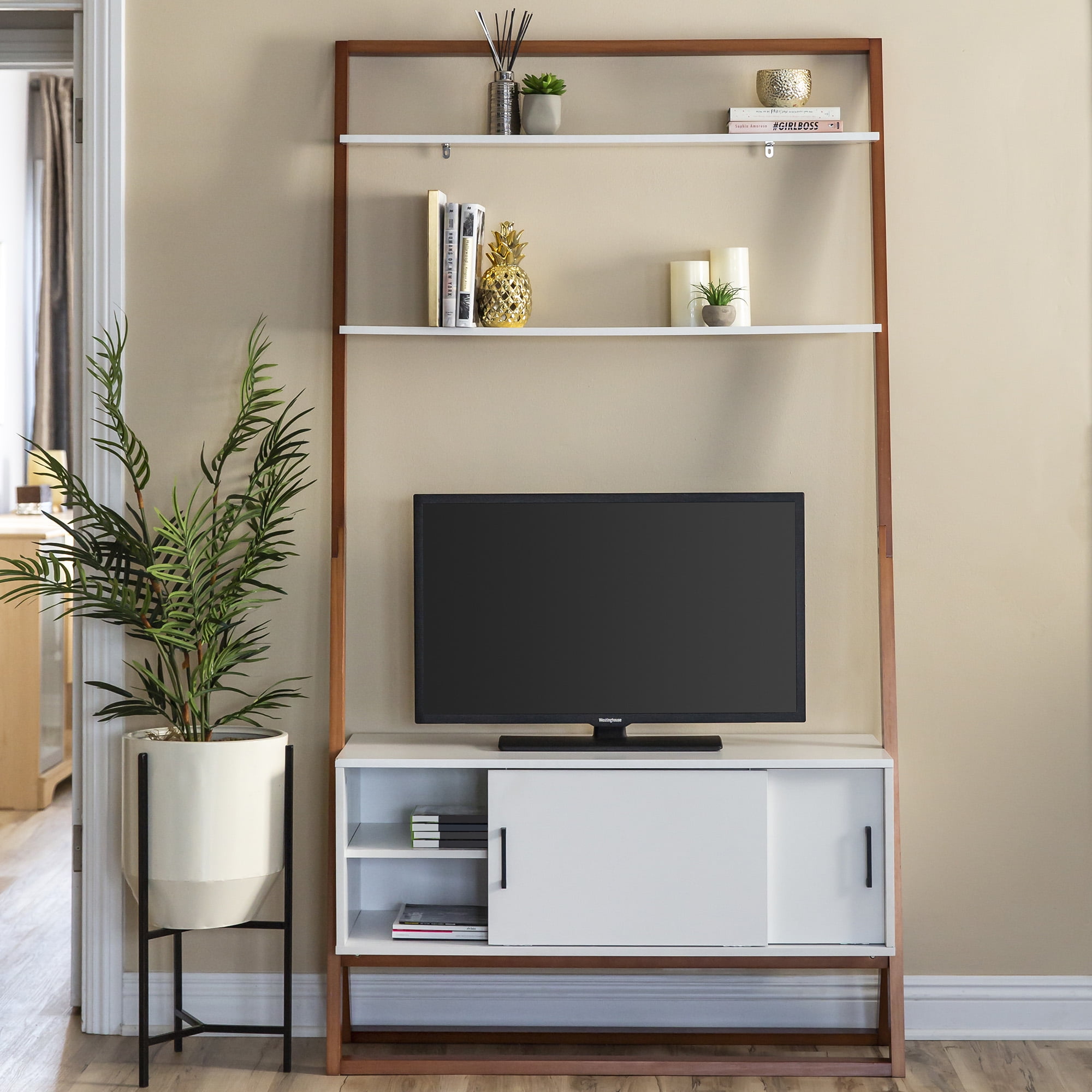 Best Choice Products 42in Modern Wooden Ladder Shelf Tv Stand Entertainment Center Media Console W 2 Shelves Sliding Door Storage Cabinet White