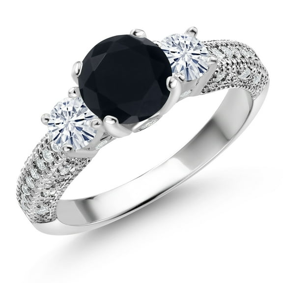 Gem Stone King 925 Sterling Silver Black Onyx and White Moissanite Engagement Ring for Women (1.82 Cttw, Gemstone December Birthstone, Round 7MM and 4MM, Size 9)